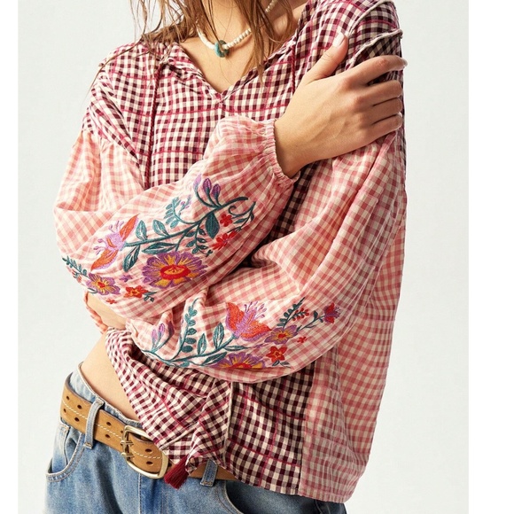 Boho Floral Embroidered Plaid Print Neck Tie Loose Fit Blouse - Picture 1 of 8